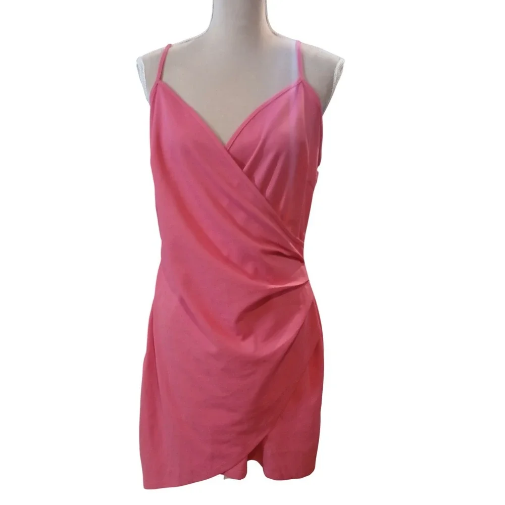 New Coral Pink Wrap Front Ruched Mini Dress XL Sleeveless Spaghetti Strap - Picture 1 of 12
